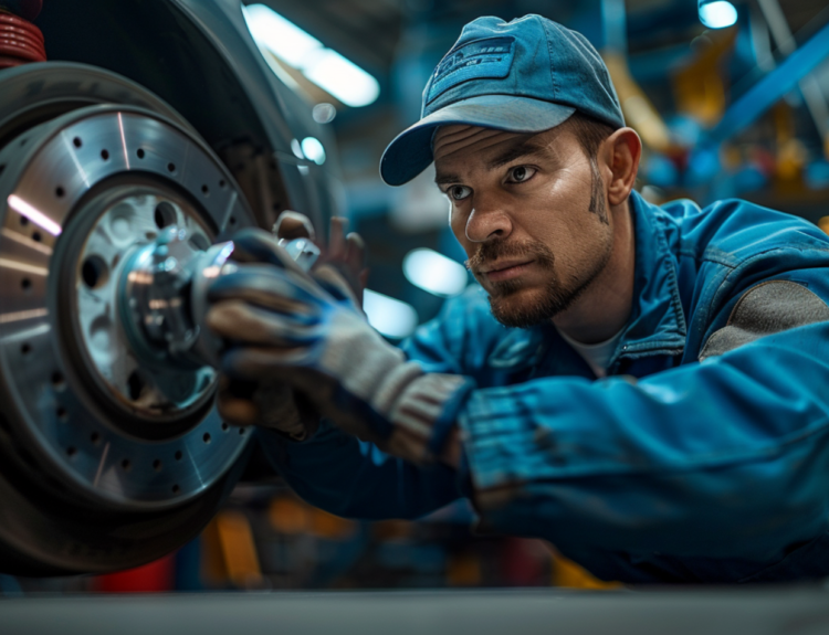 Mechanic inspecting car brakes to answer how long do brake pads last and ensure safety.