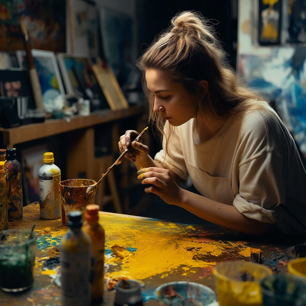 An Artist blending different paints to discover what two colors make yellow