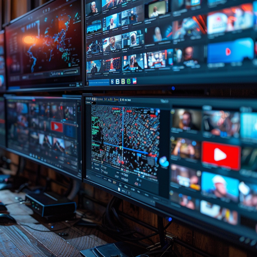 A row of network monitors inside a YouTube Studio: who owns YouTube now?