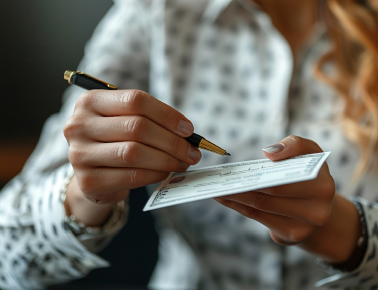 A hand holding a check explaining how to void a check correctly.