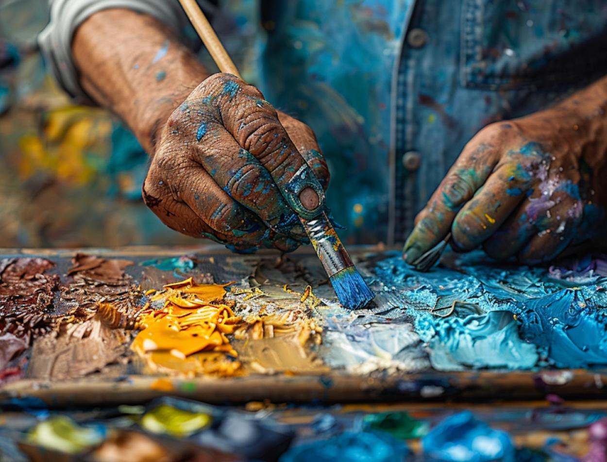 Artist mixing colors to discover what color can make blue