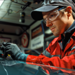 Car mechanic working on changing windshield wipers in a garage.