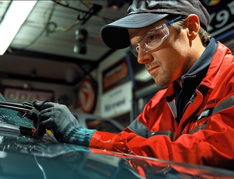 Car mechanic working on changing windshield wipers in a garage.