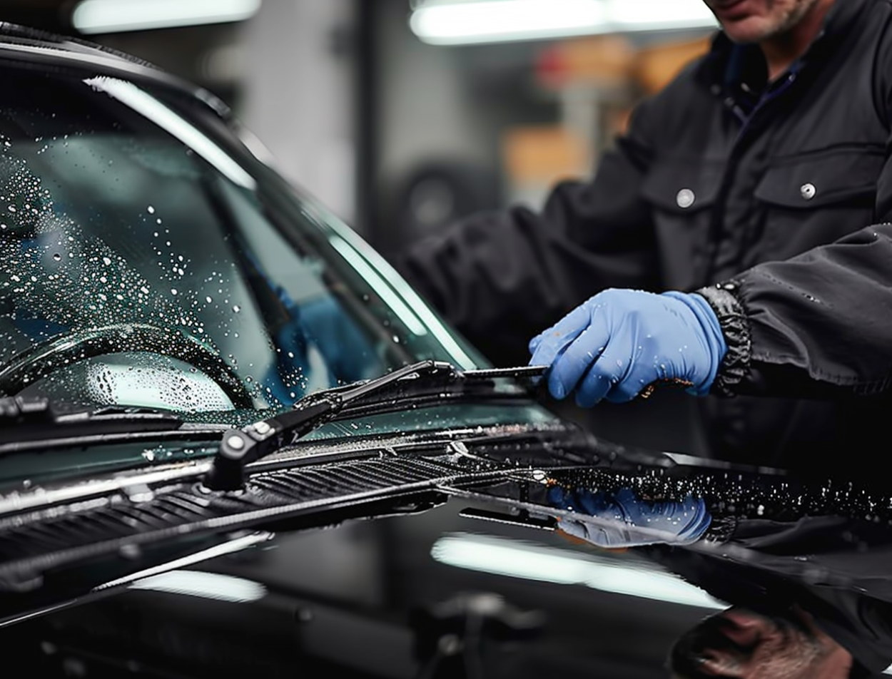 Car mechanic showing how to replace windshield wiper blades in a workshop.