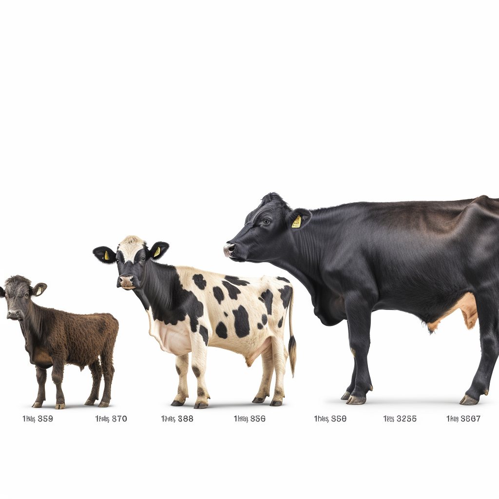 Different cows at various ages illustrating the cow lifespan from calf to maturity.