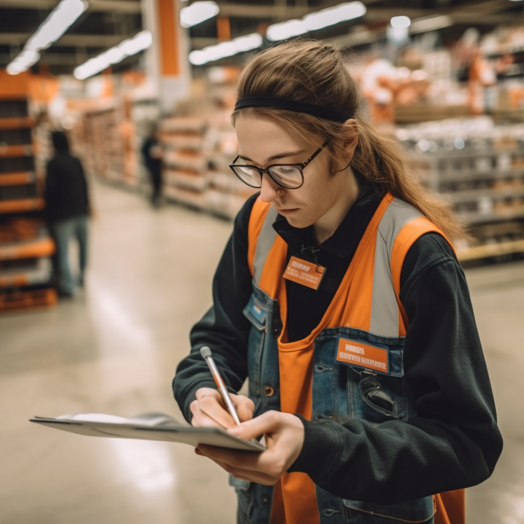 Dedicated young woman at Home Depot hard at work, representing employee pay at the company.