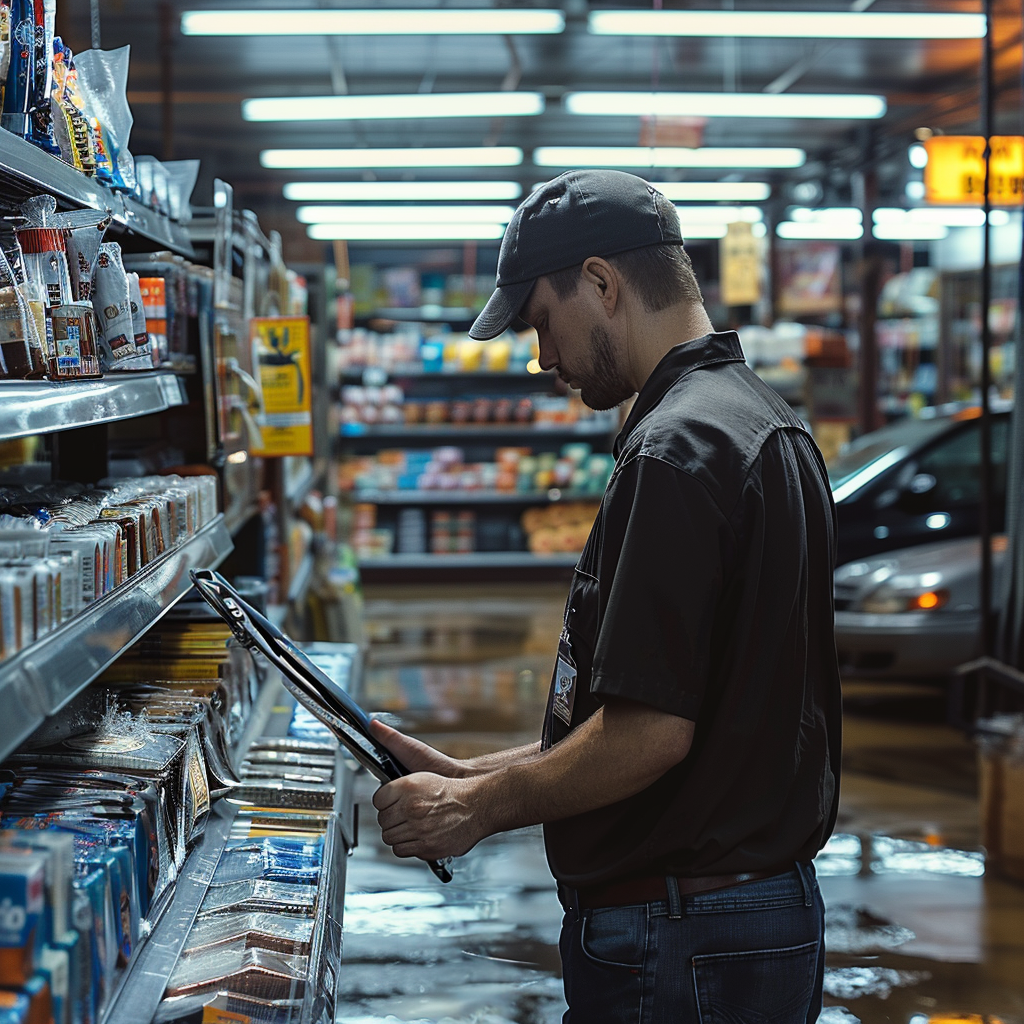 Auto technician finding wiper blades to change out in repair shop.