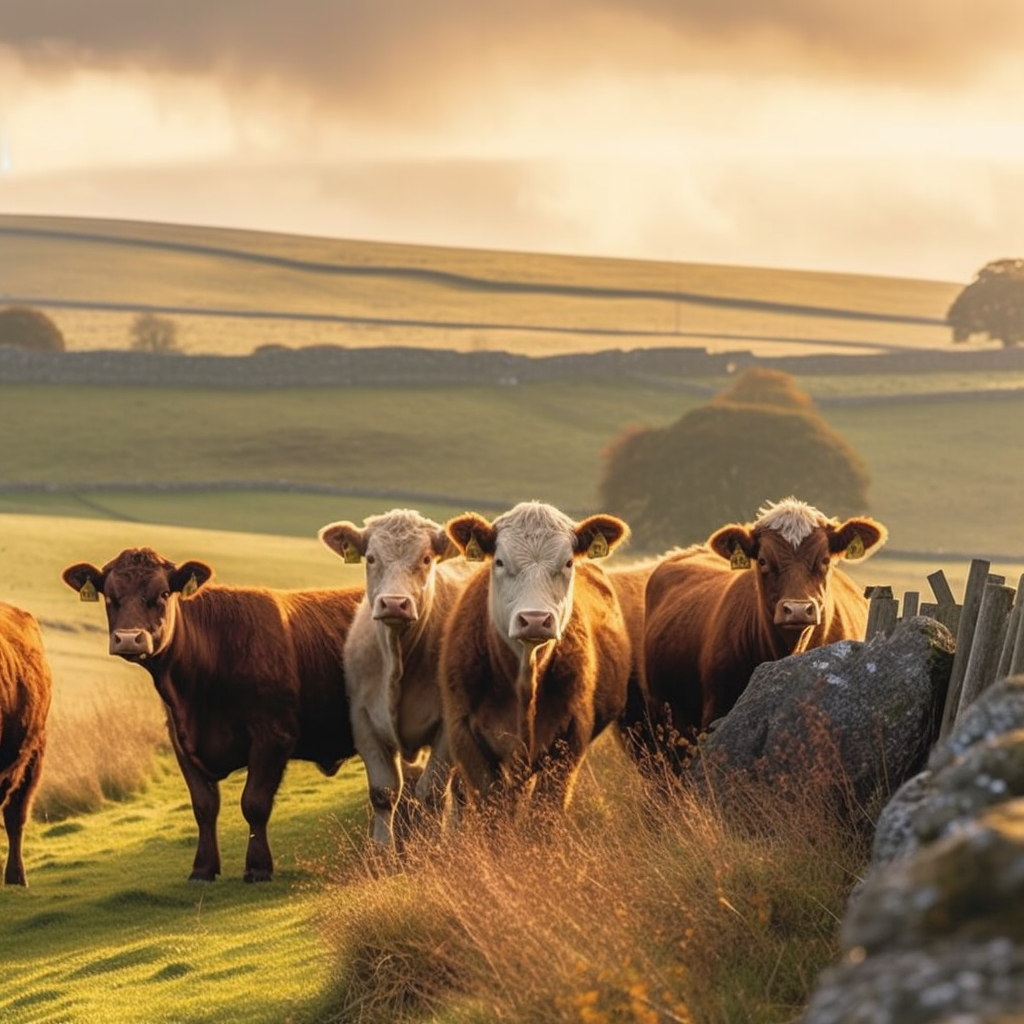 A herd of healthy cattle on a green pasture, illustrating cattle lifespan.