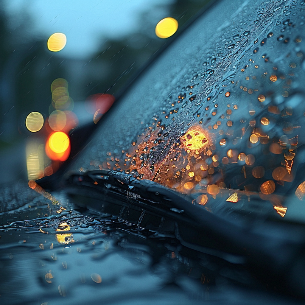 Car driving in rain with faulty wiper blades, showing need to remove wipers.