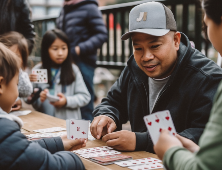 Group playing cards outdoors, face cards visible on the table