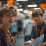 Teenager submitting a job application at Home Depot customer service desk.