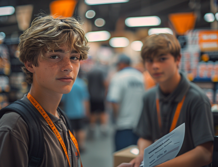 Teenager submitting a job application at Home Depot customer service desk.