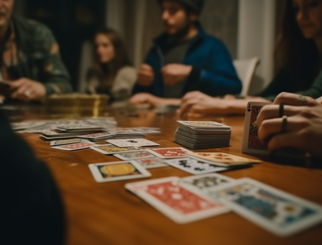 Family playing cards at home, showcasing face cards.