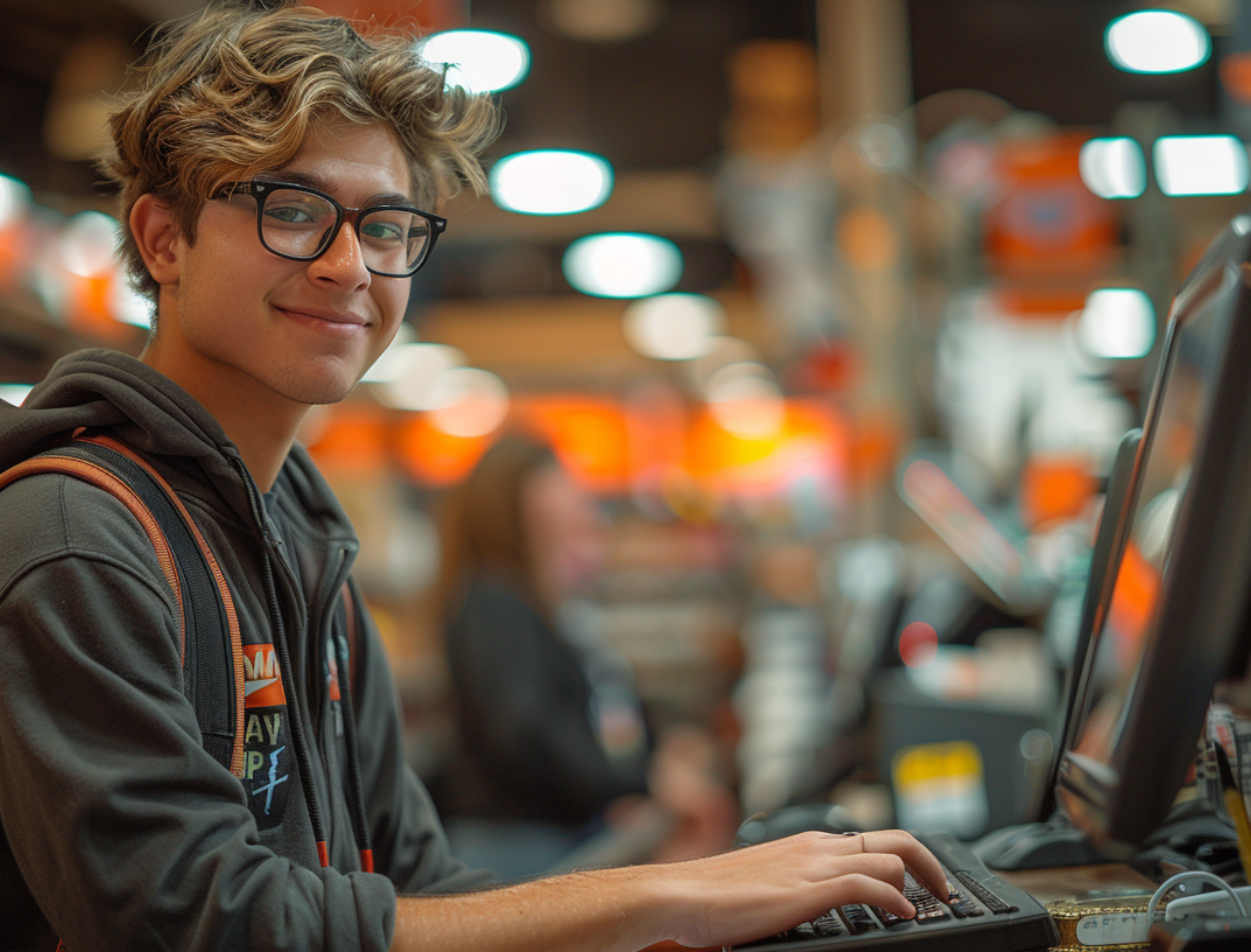 Friendly young male cashier at Home Depot helping customers at the checkout line.