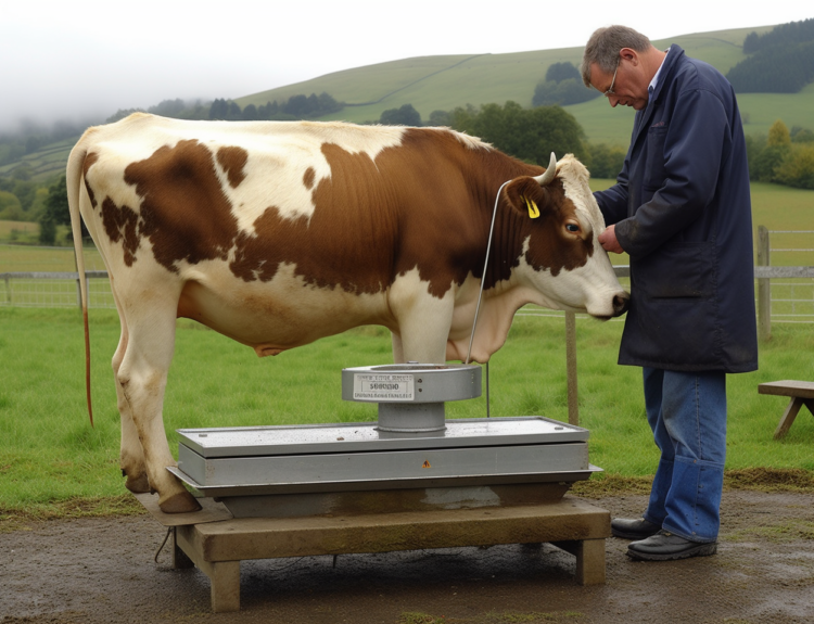 Farmer outside his farm weighing a cow on a large livestock scale.