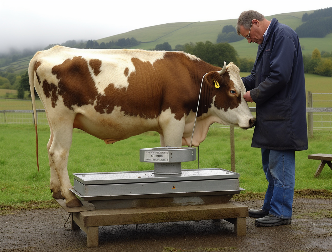 Farmer outside his farm weighing a cow on a large livestock scale.