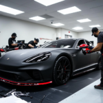 A black matte wrap being carefully placed on a sleek, modern sports car.