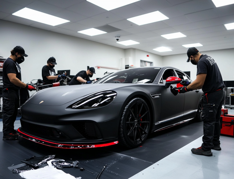 A black matte wrap being carefully placed on a sleek, modern sports car.