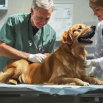 Two veterinarians checking a panting dog during an examination at a vet's office.