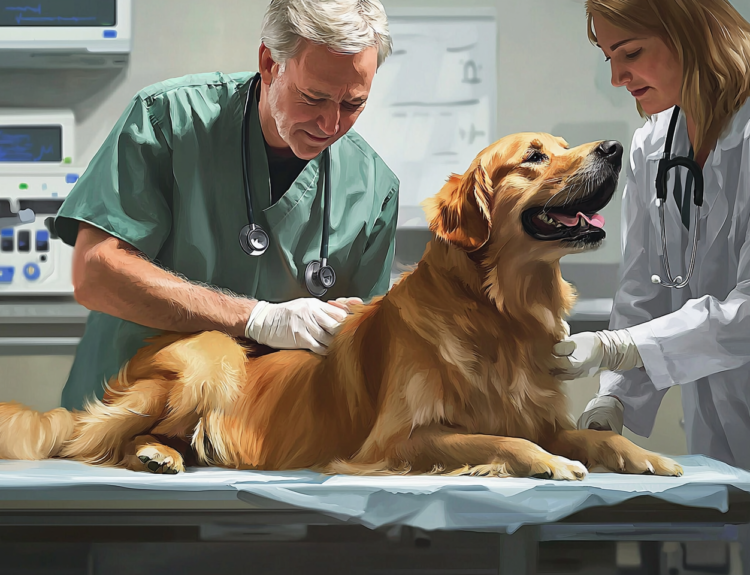 Two veterinarians checking a panting dog during an examination at a vet's office.