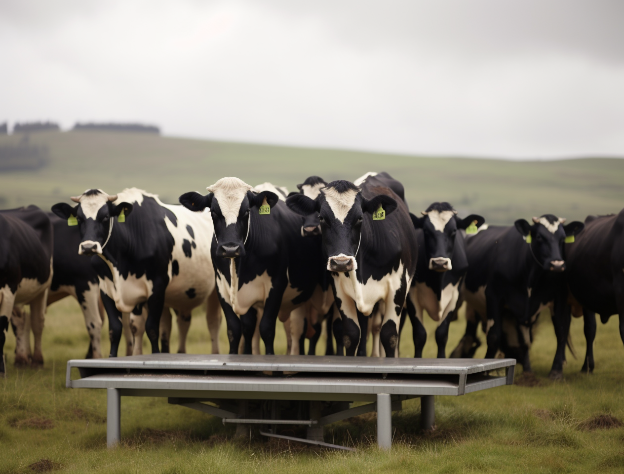 A herd of cows near a livestock scale in a pasture on a rural farm.