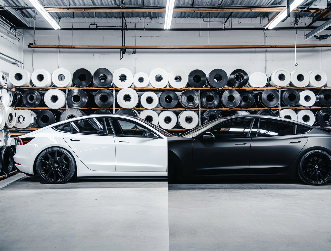 Side-by-side comparison of a white car before and after a black matte wrap finish.