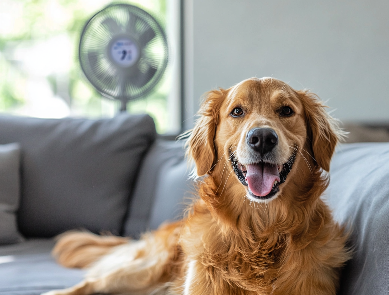 A dog panting on a couch with a fan blowing to cool the room.