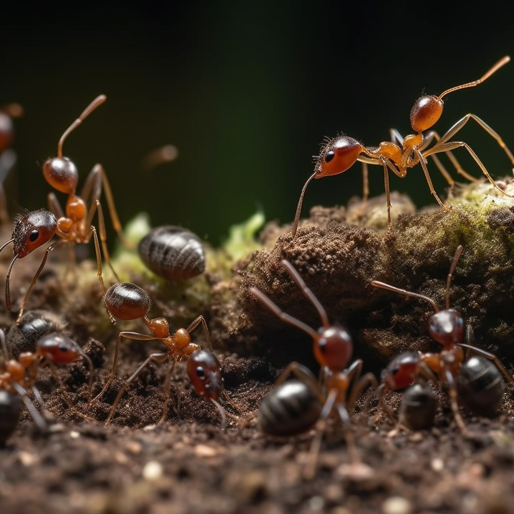 A colony of ants working together to build an ant farm in the soil