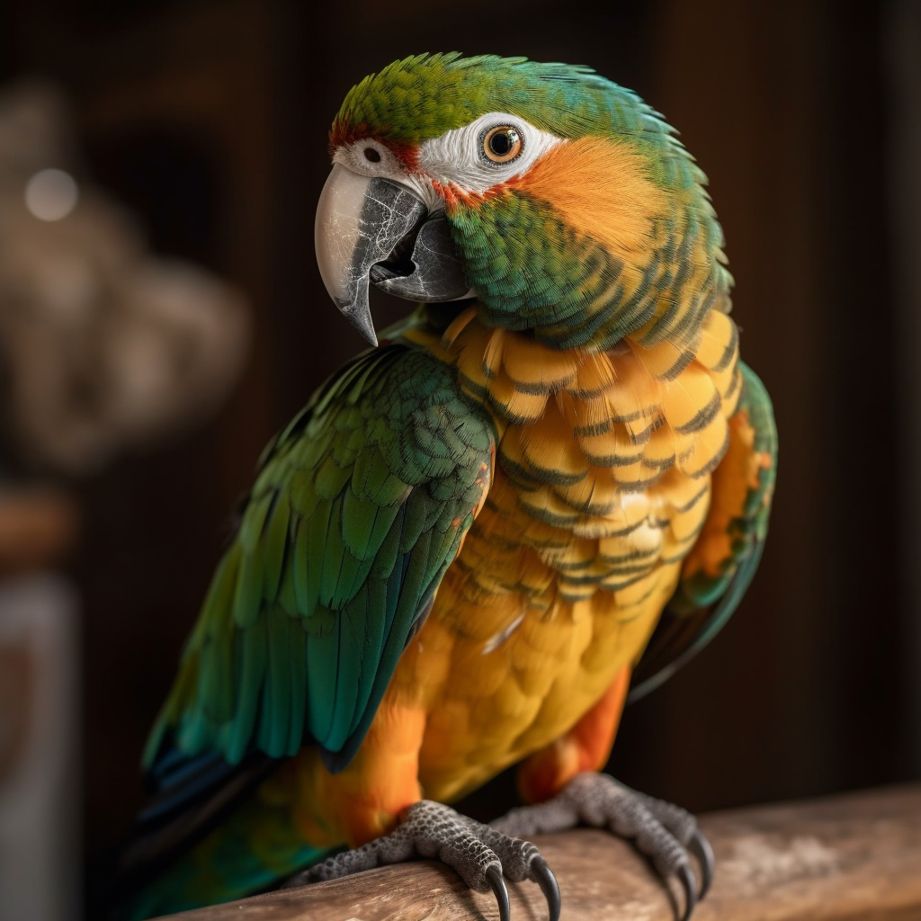 A small parrot perched on a log inside a residential home.