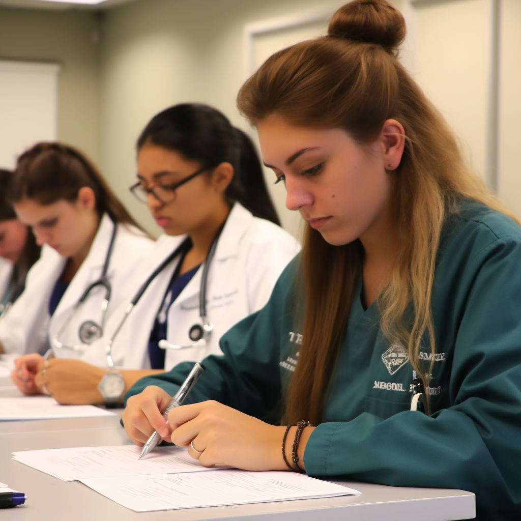 Physician assistant students taking a class exam, focusing on the length of PA school.