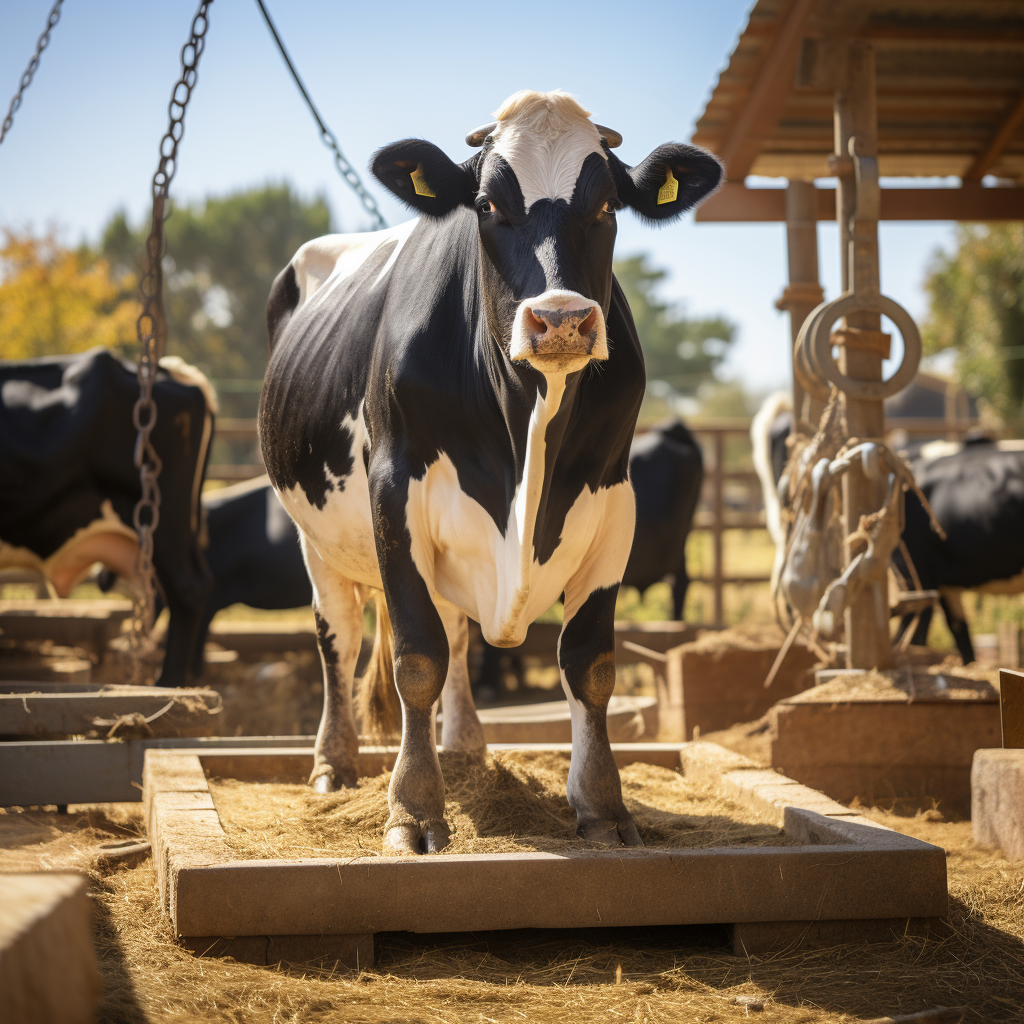 A cow standing on a livestock scale being weighed on a farm.