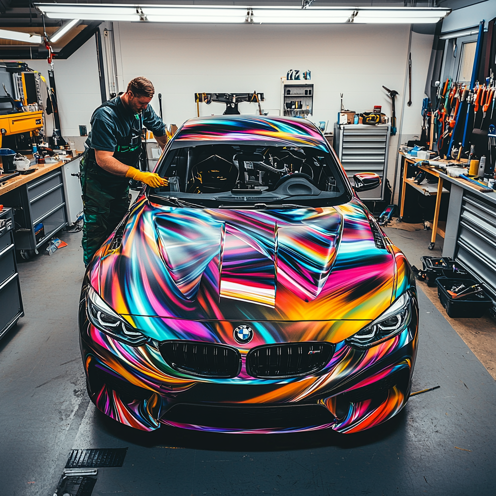 A man completes a colorful vinyl wrap on a BMW in a professional auto shop.