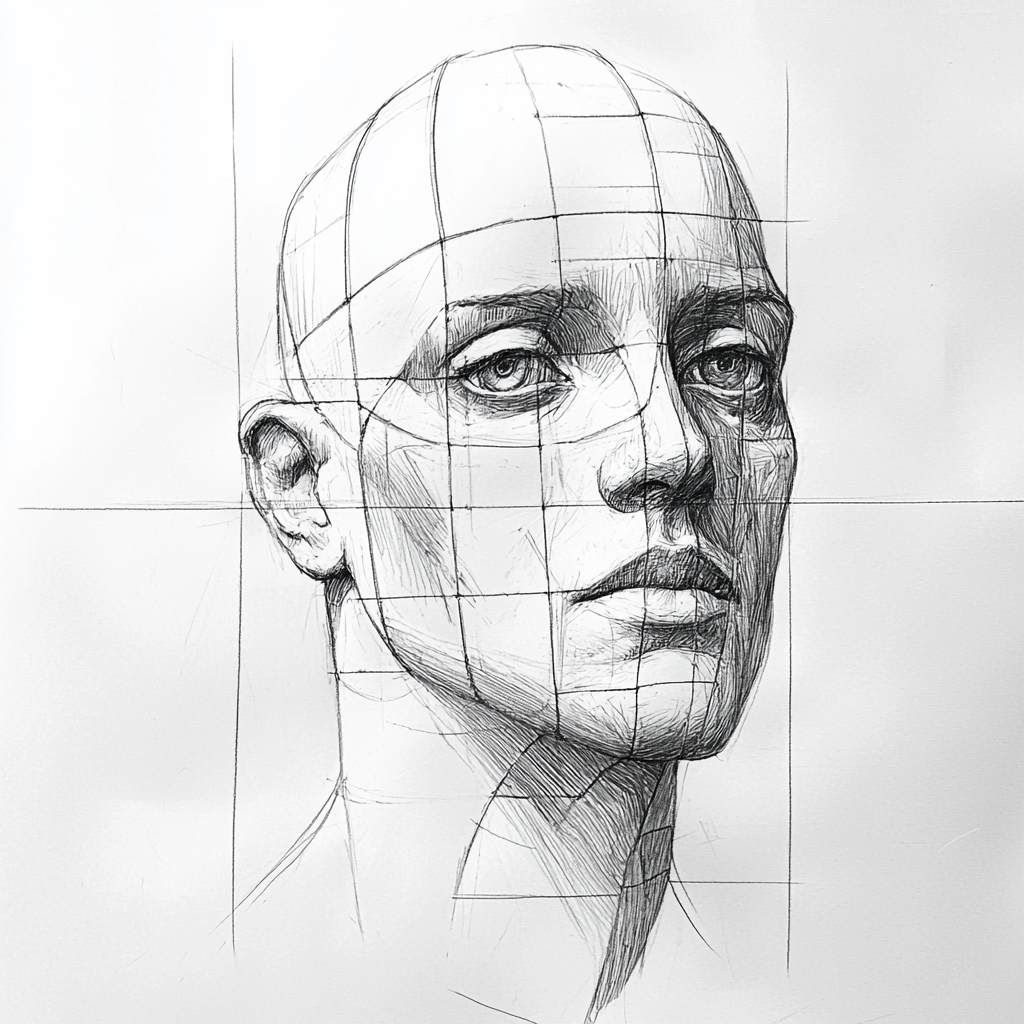 A detailed sketch showing head proportions using geometric guidelines for accuracy.