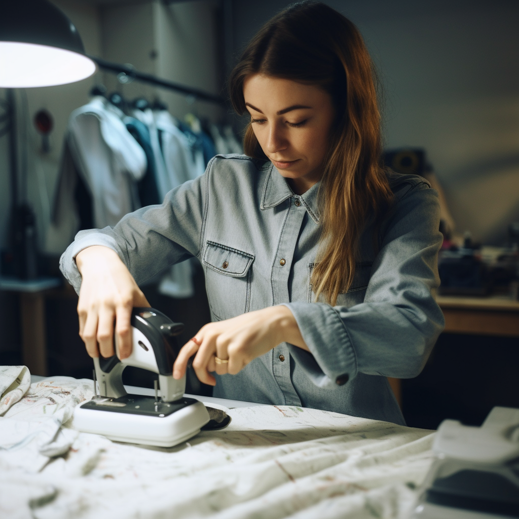 Woman ironing patches onto a shirt with a handheld iron.