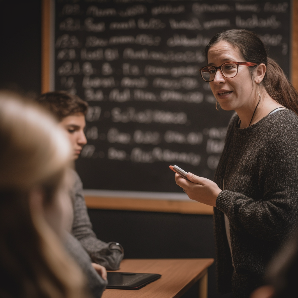 Instructor teaching students how to speak Spanish in a classroom.