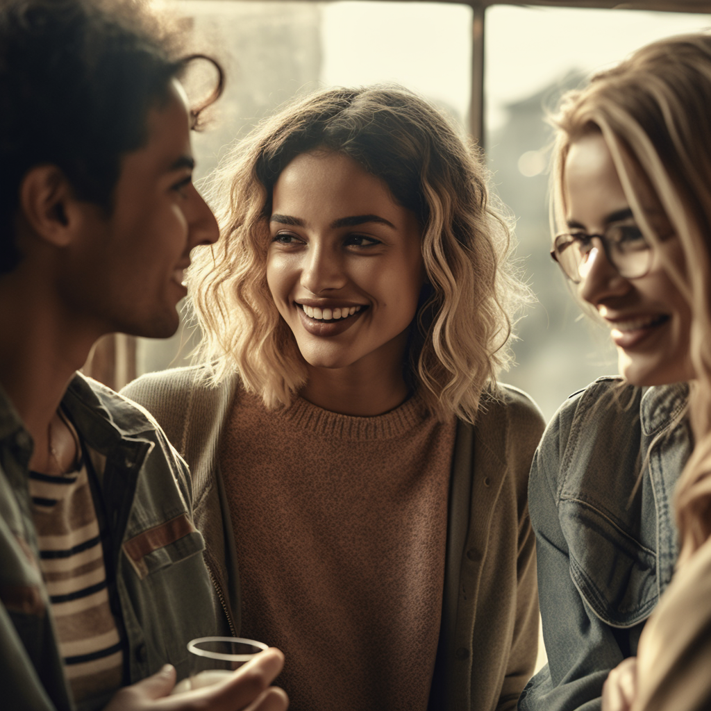 A group of young adults engaged in a lively conversation.