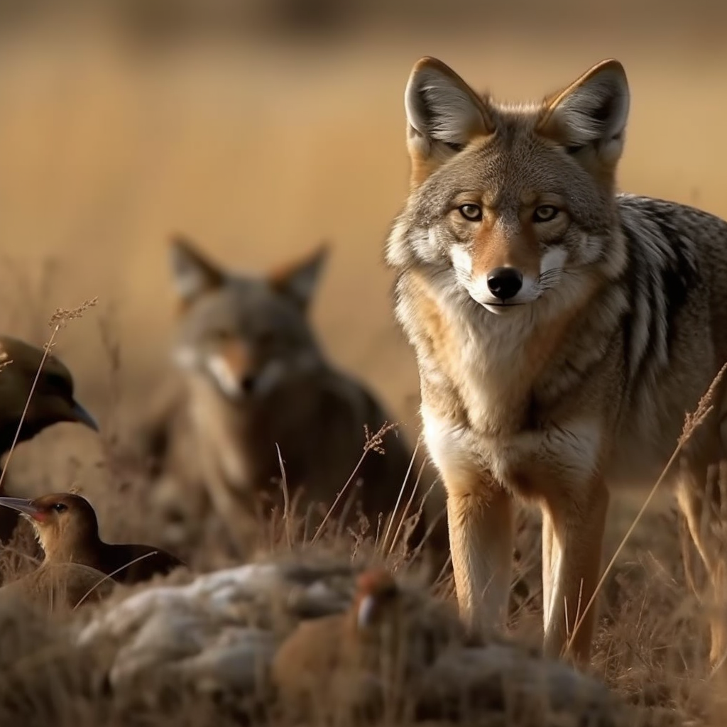 Several coyotes getting ready to eat the food they hunted.