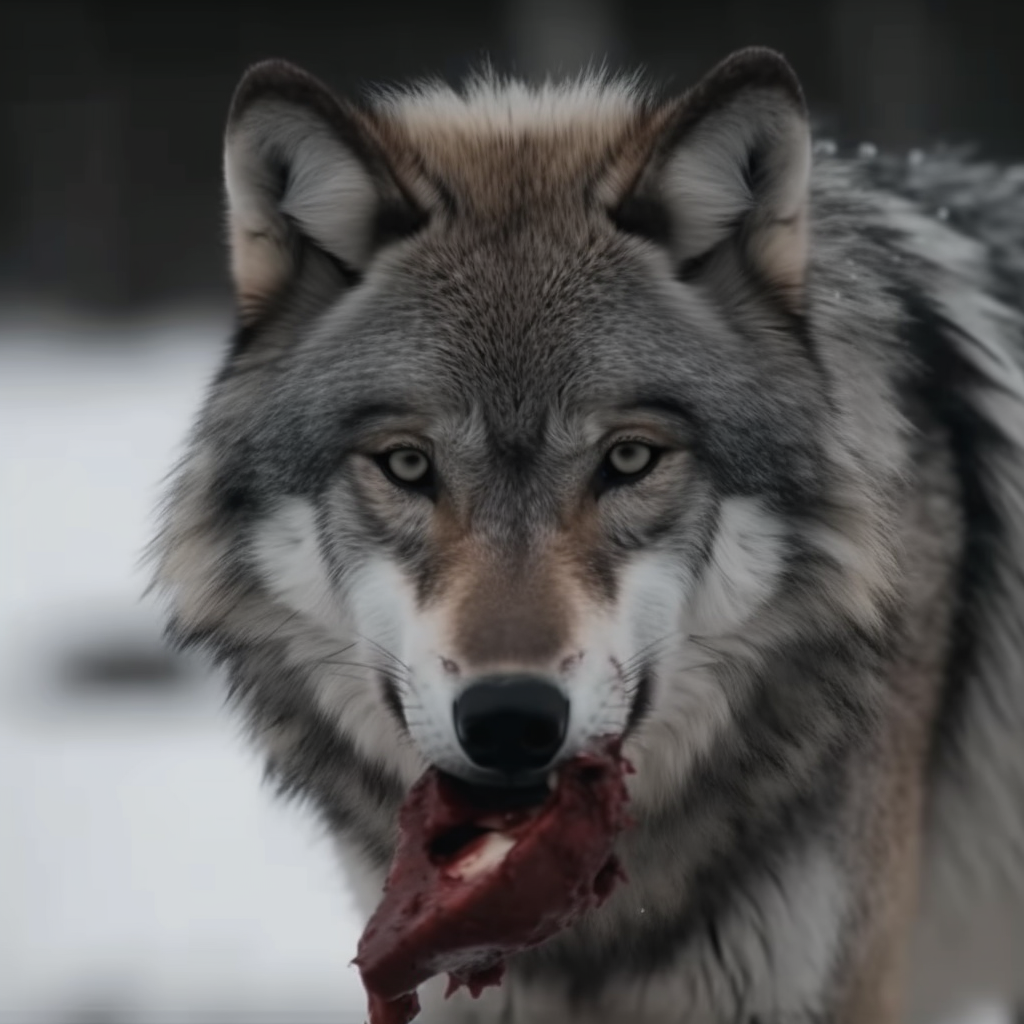 A wolf eating prey in the wild during a cold winter day.