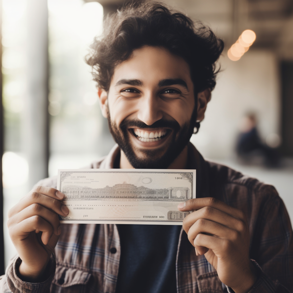 A film actor displaying the first six figure payment earned for his acting role.