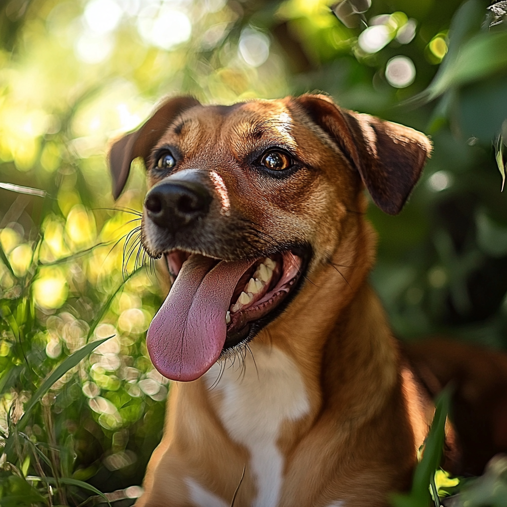 A panting dog lies in a shaded area under a tree.