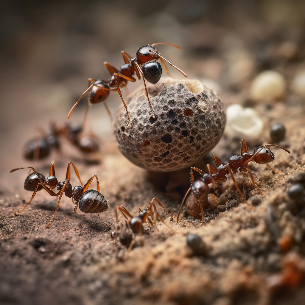 Ants moving through their natural surroundings, showcasing their life cycle in nature