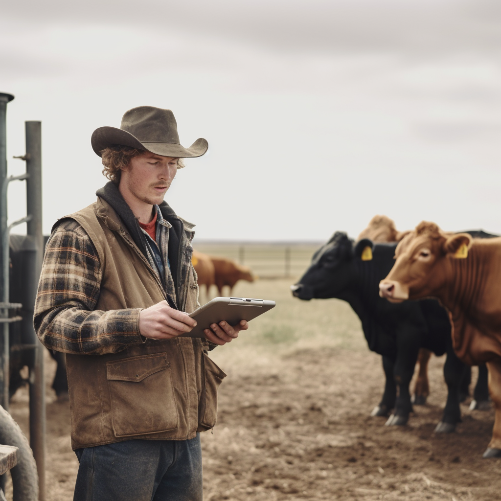 A farmer checks his tablet near cows he plans to weigh for cow body weight tracking.