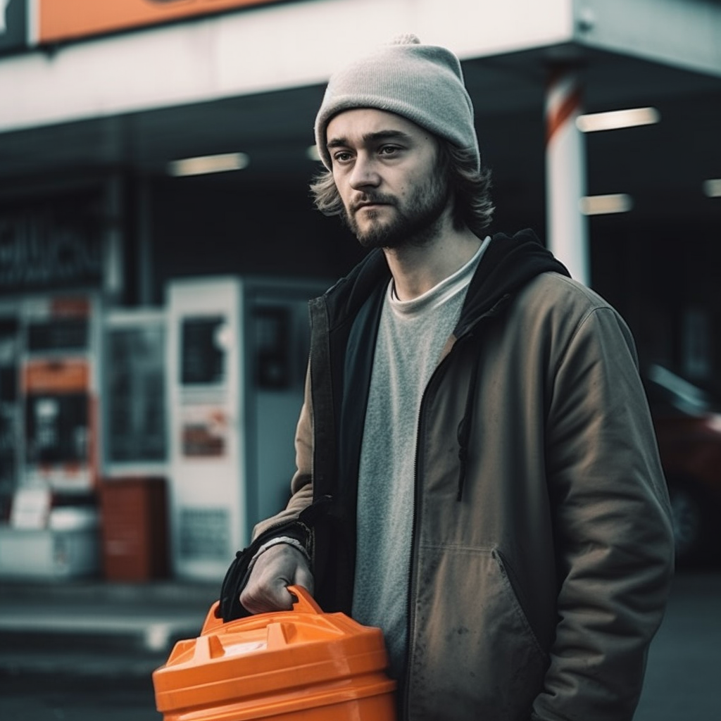 A man carrying a red gas can while walking near a gas station pump.