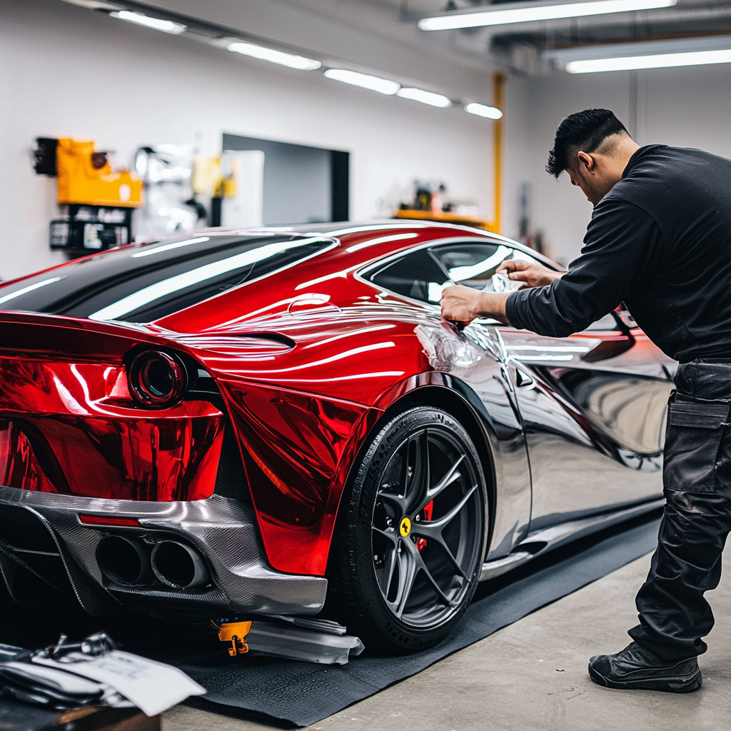 A man in a shop applying a metallic colored vinyl wrap to a sports car.