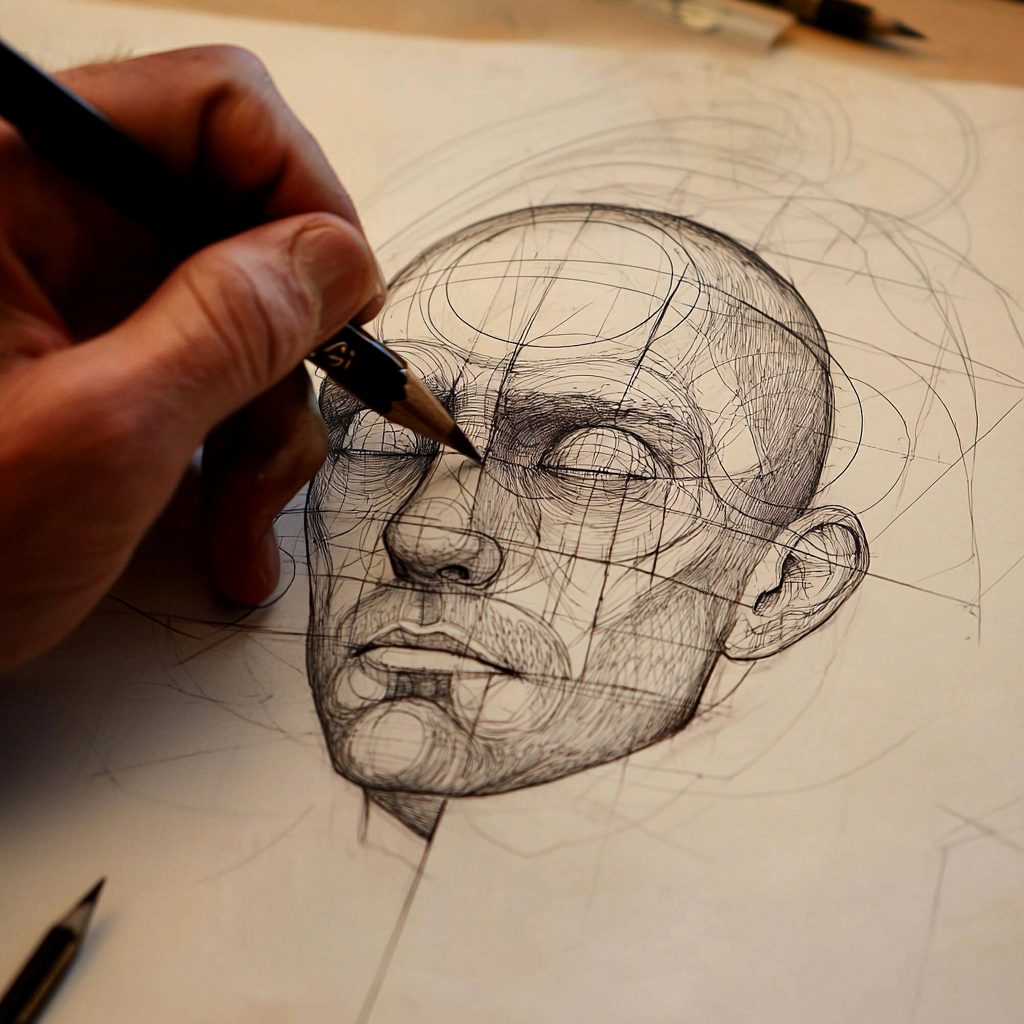 Artist’s hand carefully drawing the contour of a head on paper.