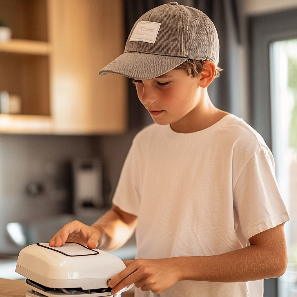 Young boy applying an iron-on patch to his hat using a heat press machine.