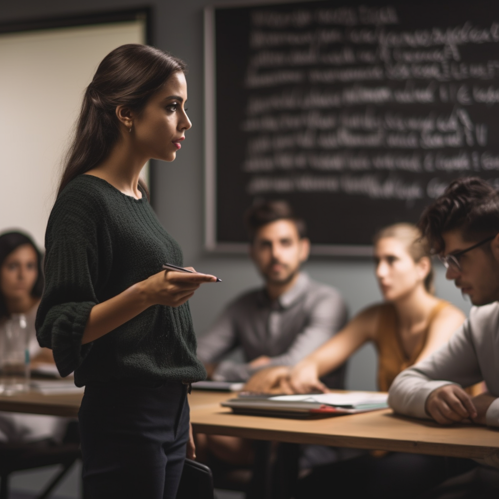 A Spanish language instructor teaching a group of students in a classroom.