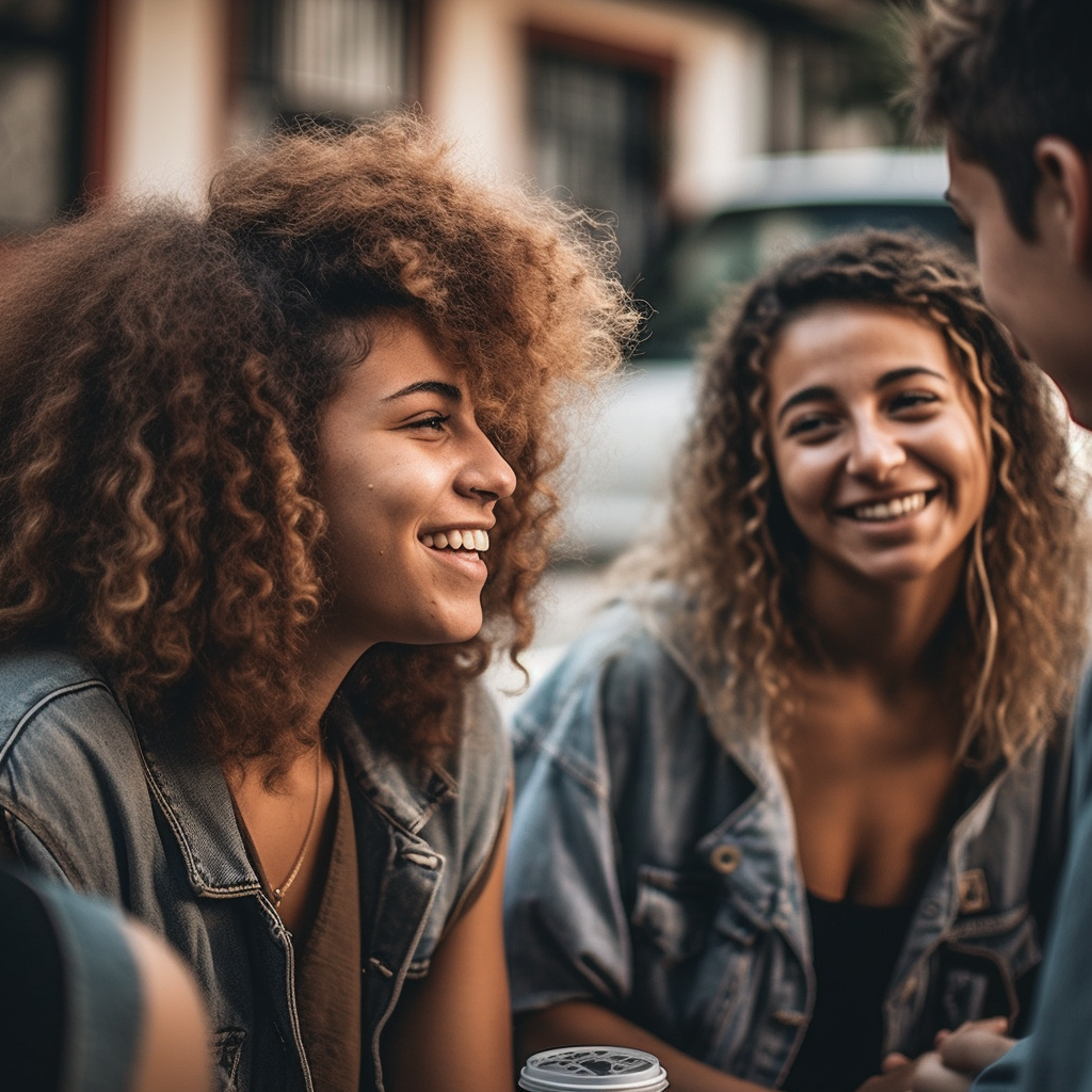 Several people enjoying a light-hearted conversation outdoors in a neighborhood.