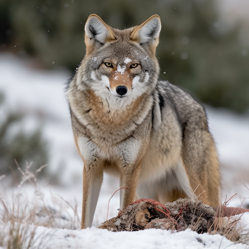 A coyote with captured prey, showing what coyotes might eat as food.