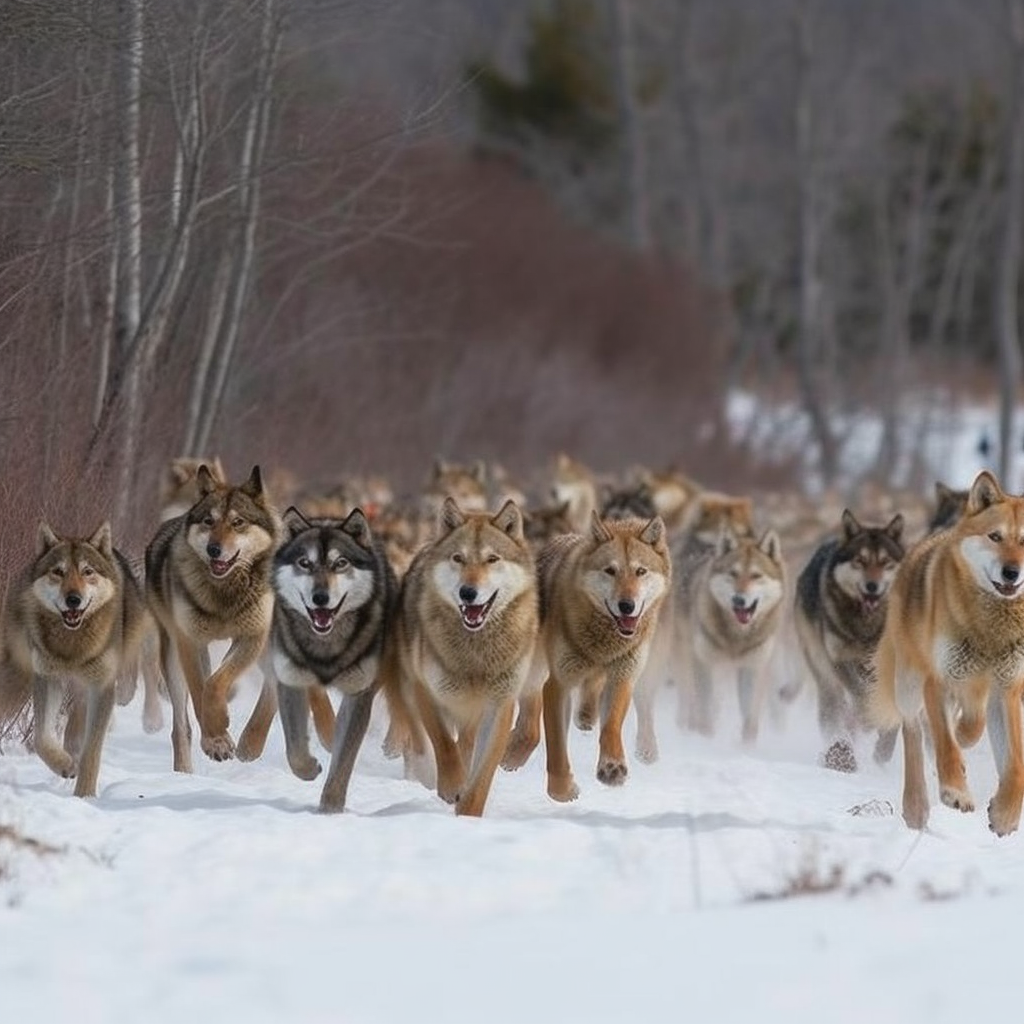 A pack of wolves running through snowy wilderness.